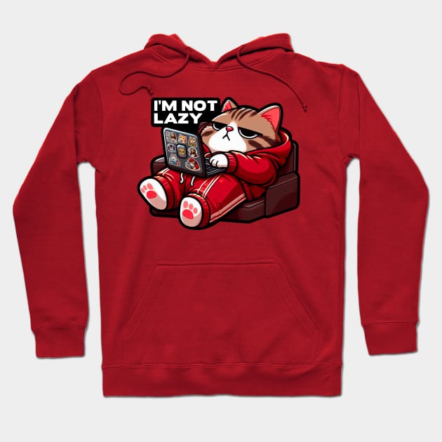 I'm Not Lazy meme Chubby Tabby Cat Relaxing Laptop Comfy Sofa Hoodie by Plushism